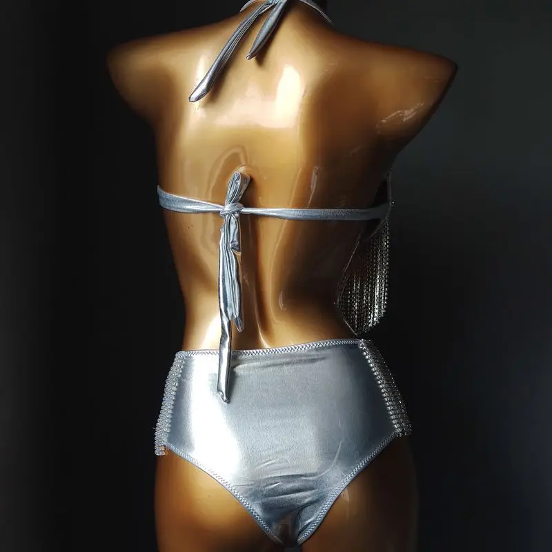 Strass prateados borla sutiã shorts franja biquíni roupa sexy feminino dj pólo dança traje boate bar sexy palco wear