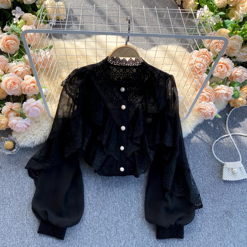 2022 New Spring Shirts Solid Ruffles Lace Patchwork Elegant Women Blouses Tops Puff Sleeve Single Breasted Blusas