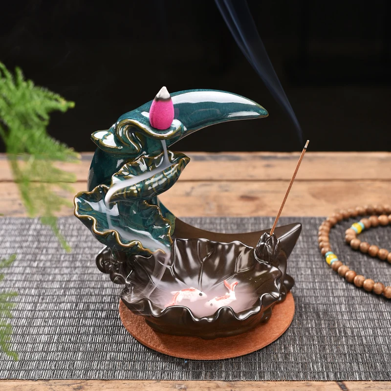 Smoke Waterfall Backflow Incense Burner Creative Lotus Pond Moon Incense Holder Portable Ceramic Censer Handicrafts Home Decor