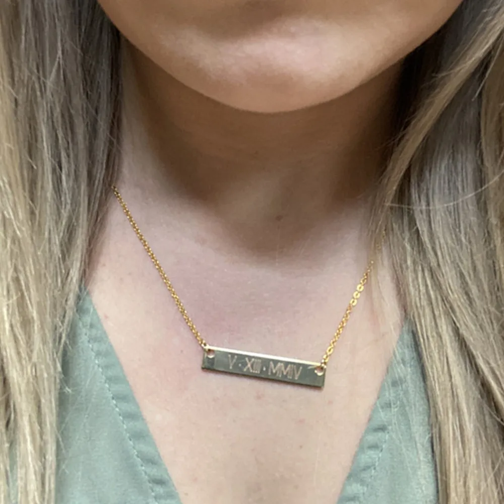 Small Bar Necklace with Monogram or Initials, Engraved Tiny Bar Jewelry, Custom Name Plate, Silver, Gold, Rose, Anniversary Gift