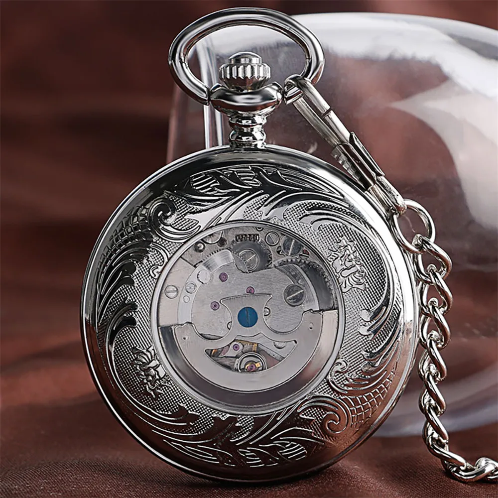Polishing Smooth Silver/Black/Bronze Self Winding Mechanical Pocket Watch Hollow Circle Cover Retro Automatic Pendant Timepiece
