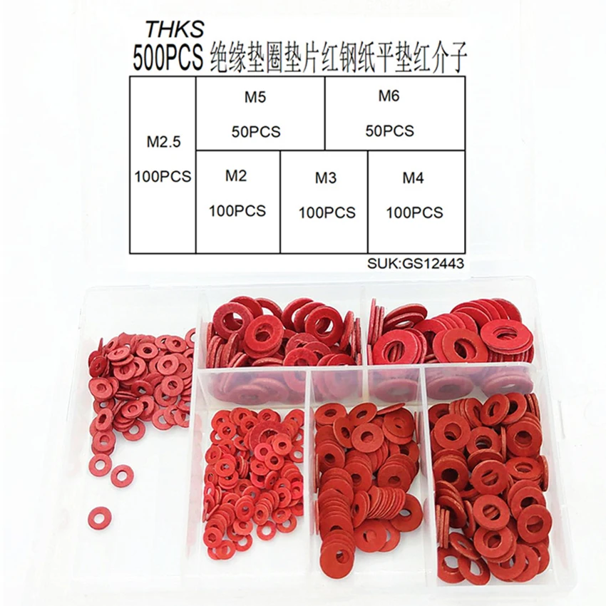 Red Steel Paper Washer Assortment Set, Sealing Washers Kit, Insulating Washer Gasket, 6 Sizes, M2, M2.5, M3, M4, M5, M6, 500 PCS