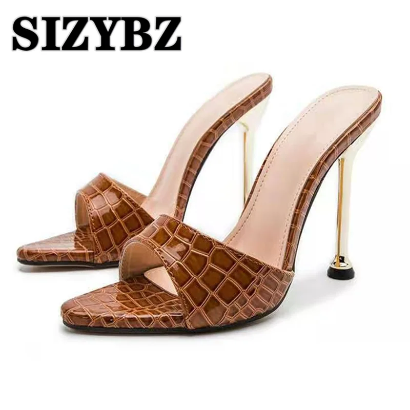 Women Slippers Snake Print Strappy Mule High Heels Slippers Open Toe Sandals Flip Flops Pointed Toe Slides Party Shoes Woman