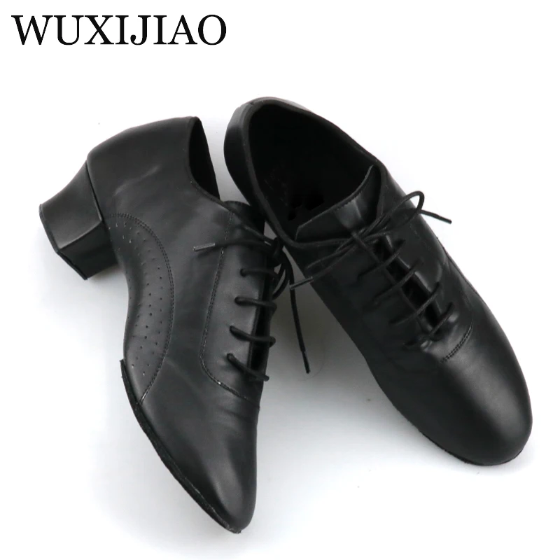 WUXIJIAO Latin Modern Dance Shoes Men\'s Leather Black and White Party Wedding Prom Dance Shoes 4.5cm Square Heel Soft Outsole