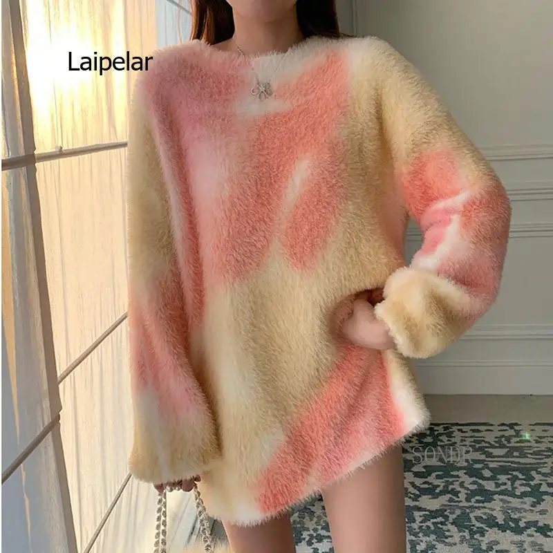 

Gradient Color Mohair Sweater Women Loose Long Fluffy Sweater Thick Warm 2022 Winter Pullovers Women Round Neck Lazy Oaf Jumpers