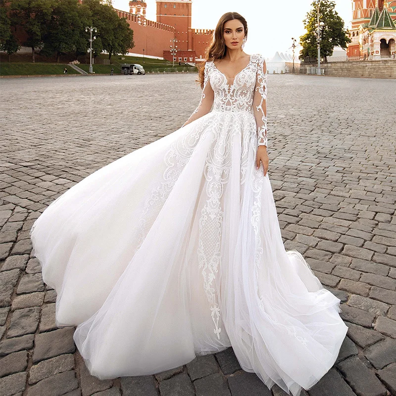 Vestido de Noiva Manga Longa vendita calda abiti da sposa in pizzo 2021 abito da sposa manica lunga abiti da sposa principessa Vintage