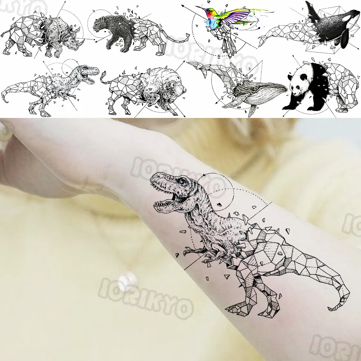 Black Dinosaur Temporary Tattoos For Women Girls Realistic Panda Whale Fake Tattoo Sticker Waterproof Arm Tatoos T-Rex