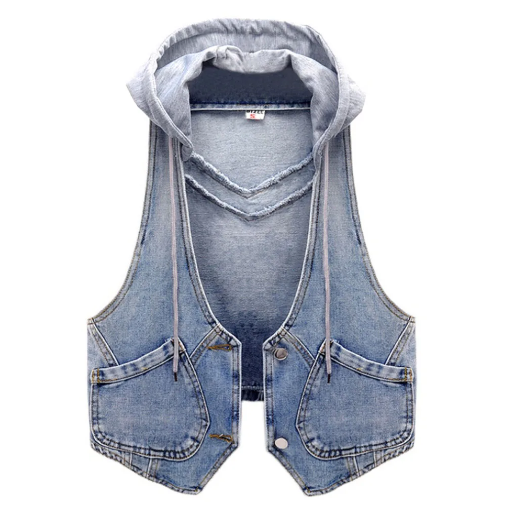 

Casual Sleeveless Denim Jacket With Hood For Women Plus Size Vest Fashion Short Slim Female Waistcoat Top T-shirt Small Coat