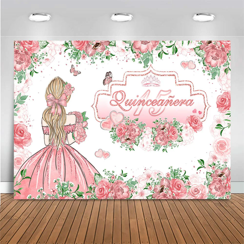 

15th Birthday Backdrop Girl Princess Pink Rose Green Leaf Photography Background Birthday Party Banner Photo Backdrop Photoshoot