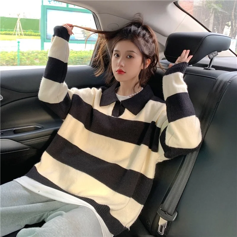 Pullover donna a righe colletto rovesciato tempo libero Streetwear autunno caldo All-match studenti semplici abbigliamento maglione Ulzzang nuovo