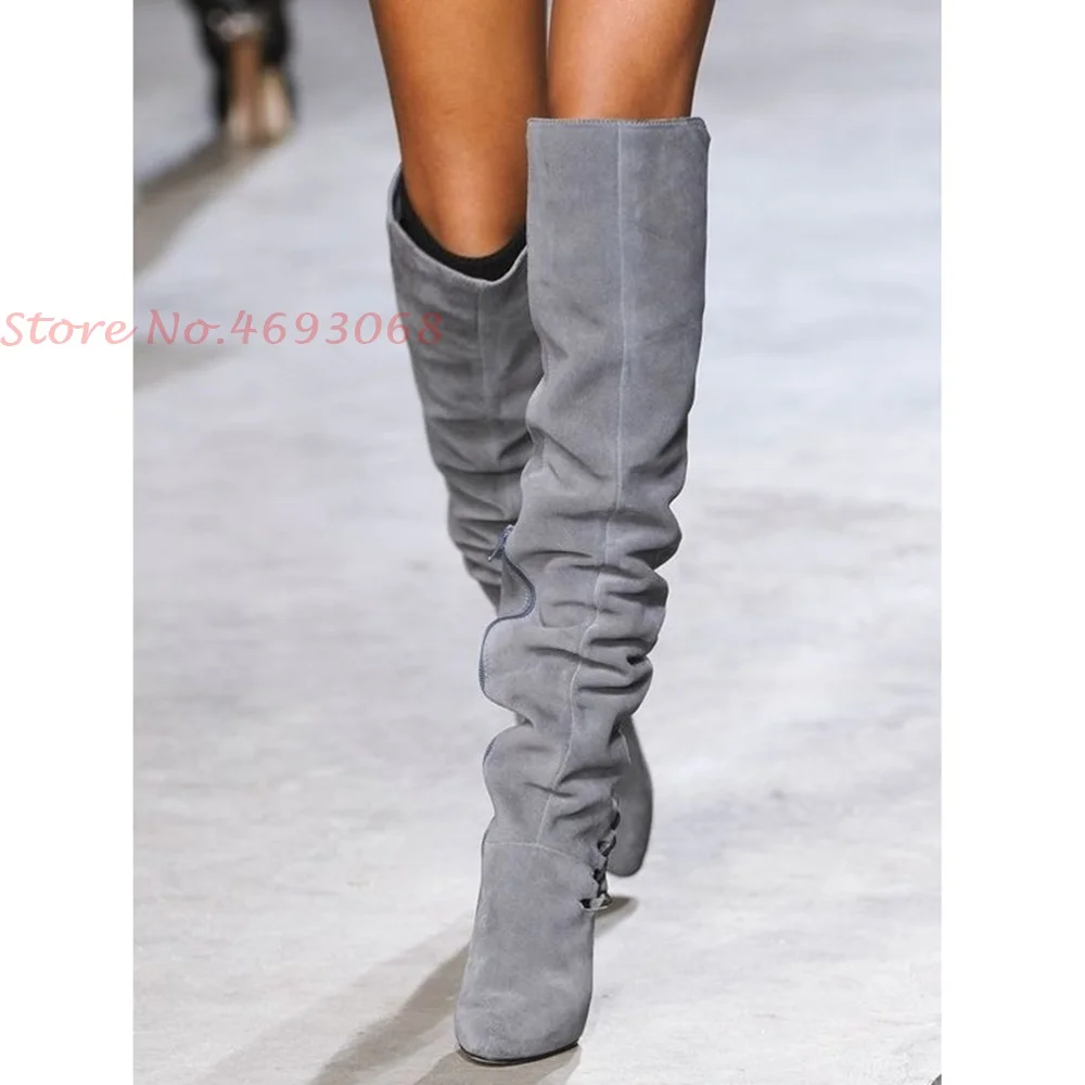 Pleated Wedge Knee High Boots Women Catwalks Sexy Slip On High Chunky Heel Suede Boot Pointed Toe Fashion Ladies Casual Shoes