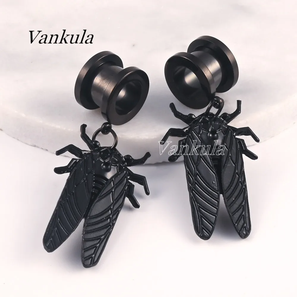 Vankula 2PCS Stainless Steel Black Ear Plugs Tunnels Dangle Earrings Ear Gauges Expander Hanger Trendy Gift For Woman