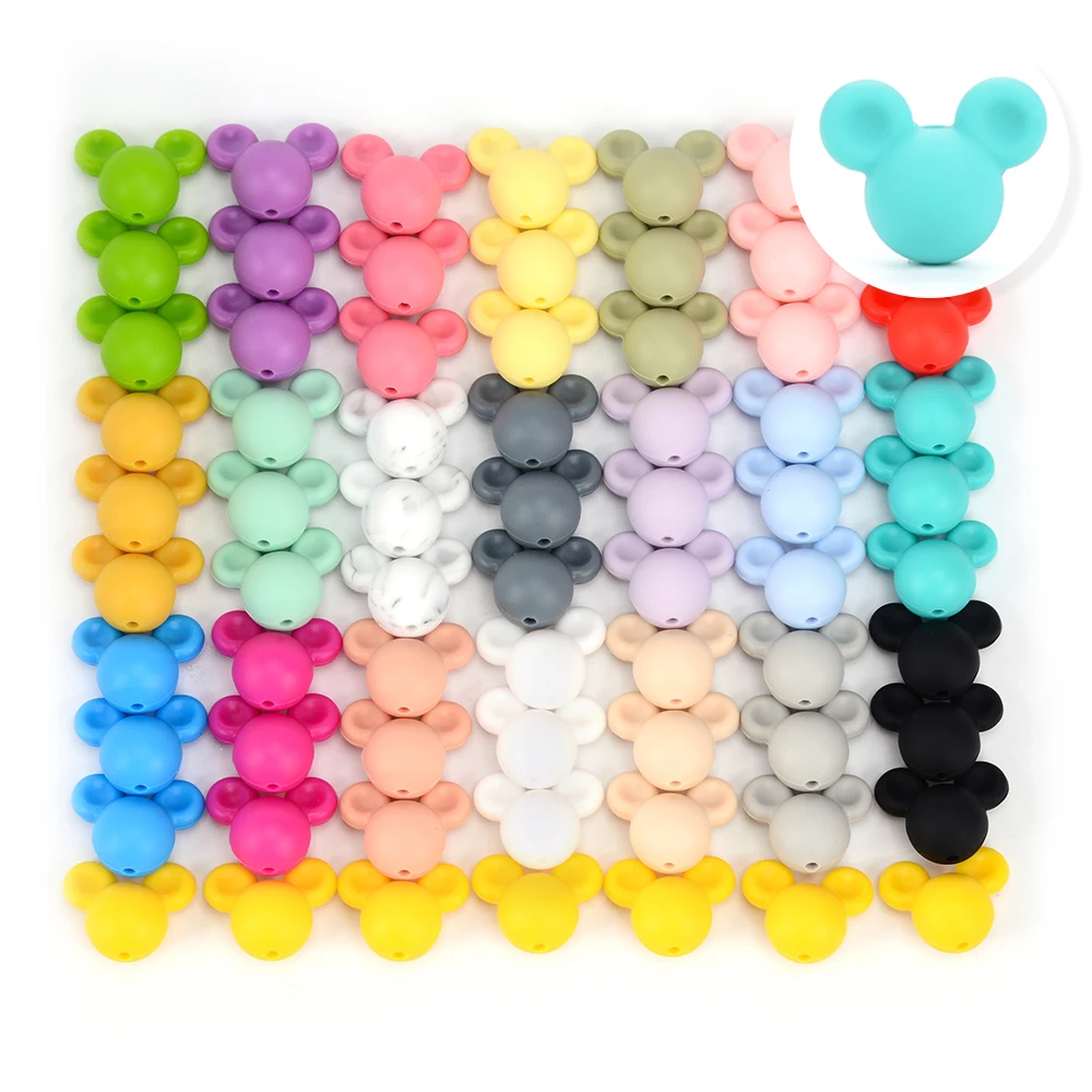 LOFCA 30pcs Silicone Beads BPA Free Cartoon Mouse Baby Teething Toys Food Grade Silicone Nursing Necklace Making Pacifier chain