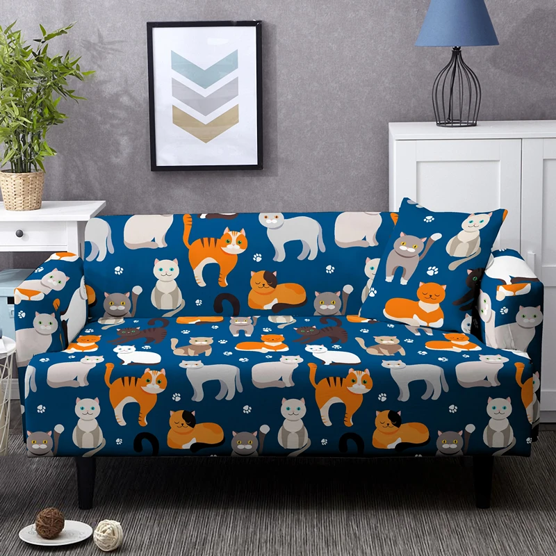 Stretch Combination Sofa Cover Cartoon Cat Print L Shape Elastic Slipcover For Living Room Decor Dust-proof Corner Couch Covers