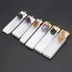 Natural Selenite Plaster Pendants Amethyst Quartz Rock Mineral Reiki Healing Charms for DIY Necklace Making Jewelry Size 60x16mm