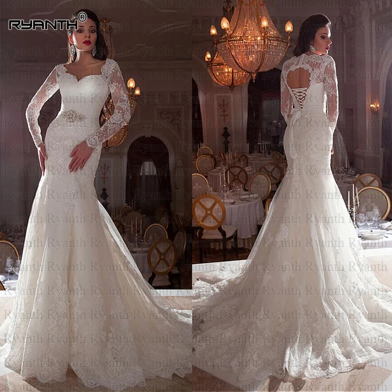 Cheap Robe de marie 2019 Sexy Long Sleeves Lace Mermaid Wedding Dress Custom Made Removable Crystal Belt Vestidos de novia