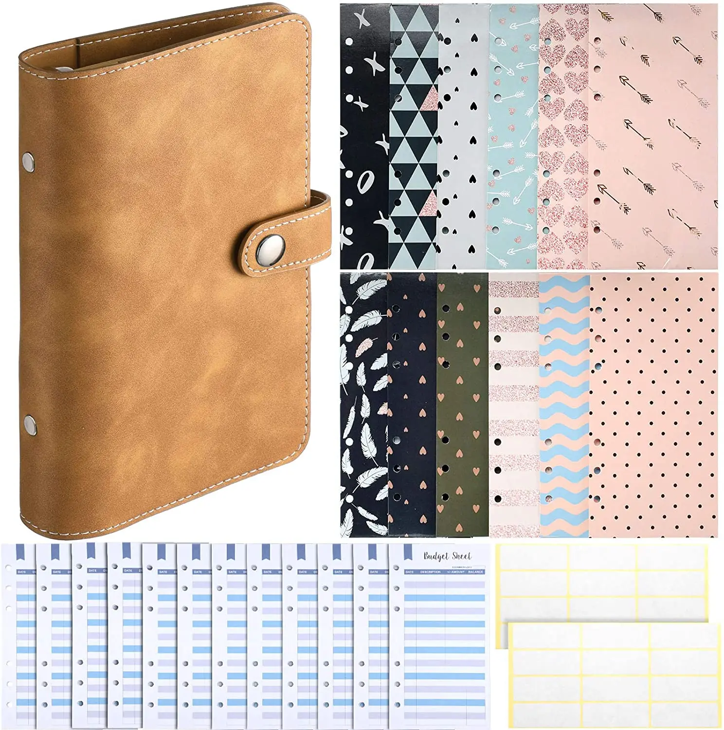 

49 Pieces A6 PU Leather 6 Rings Binder Cover Notebook with 12 Budget Envelopes System,Expense Budget Sheets,Self-adhesive Labels