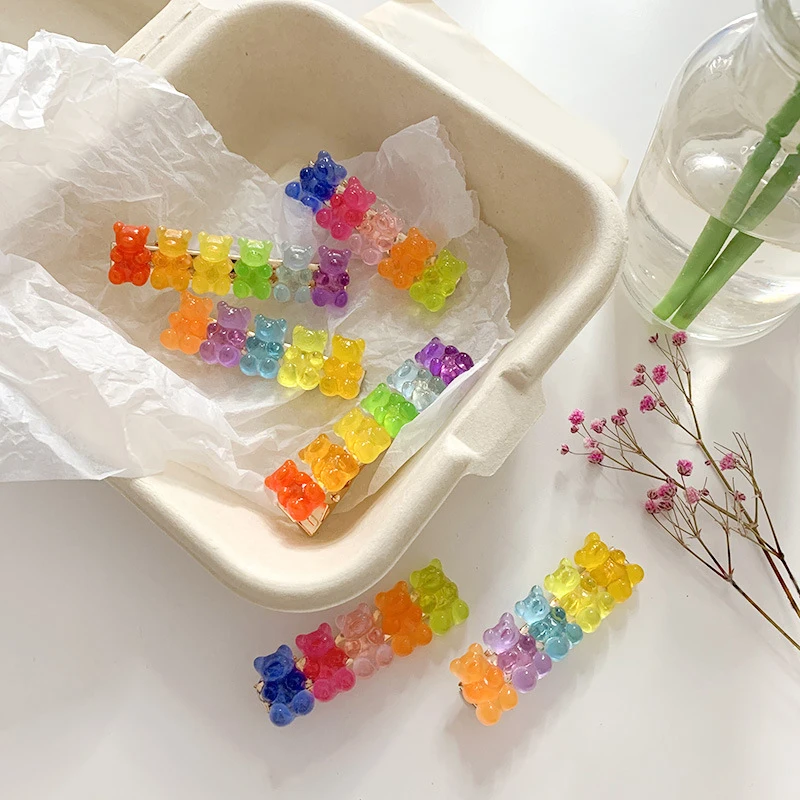 Cute Bear Candy Color Hairpins Barrette Colorful Hair Clip Jelly Color Gummy Headwear Girls Women Hairpin Duckbill Clip Headwear