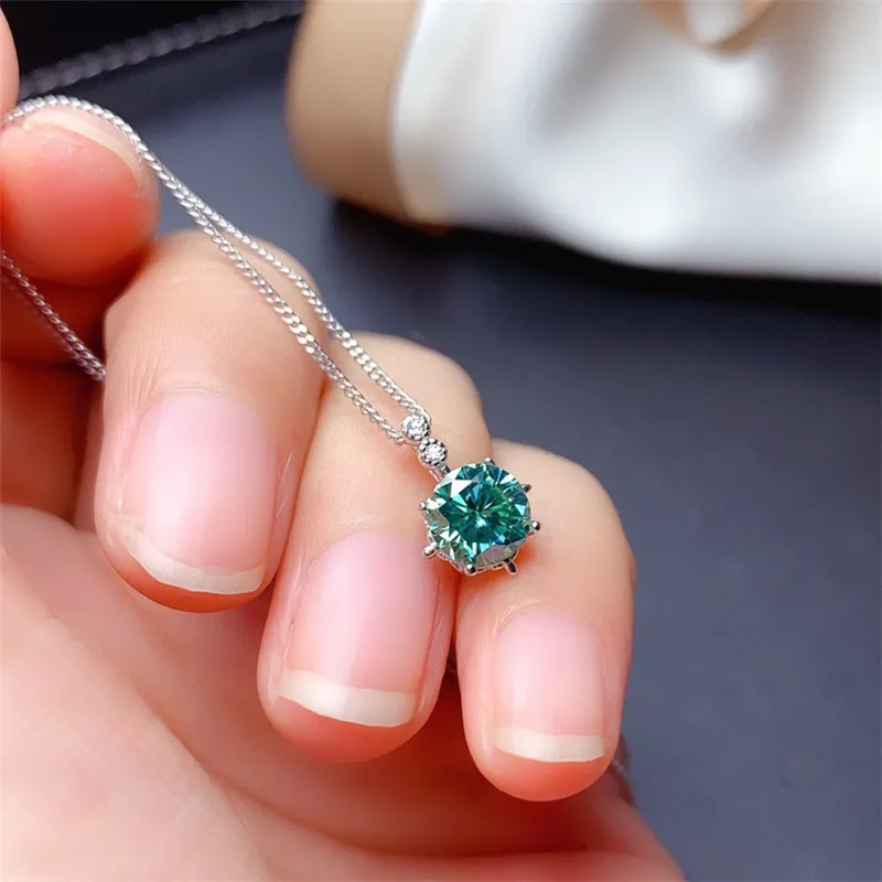 LeeChee Blue Green Moissanite Pendant 1CT 6.5MM VVS Lab Diamone With Certificate Engagement Necklace Real 925 Sterling Silver