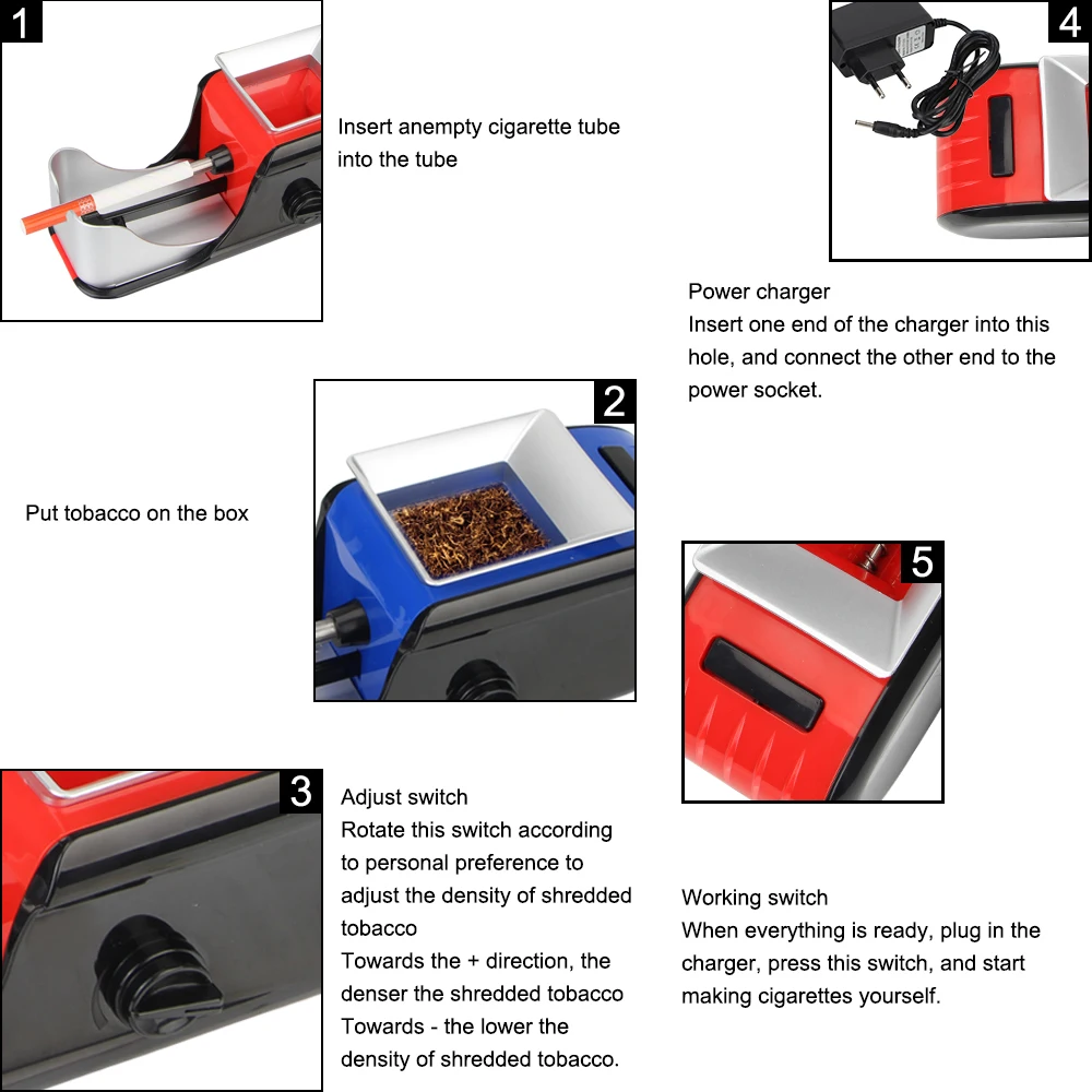 เครื่องมือสูบบุหรี่ DIY EU/US ปลั๊กบรรจุวัสดุยาสูบ Roller Rolling Machine ยาสูบ Rolling Injector