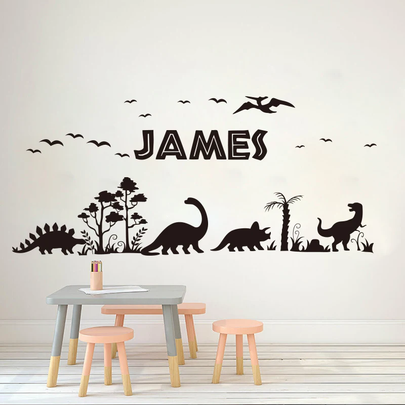 Custom Name Dinosaur Tree Bird Wall Sticker Jungle Forest Dino Jurassic Park Wildlife Adventure Wall Decal Bedroom Nursery Decor