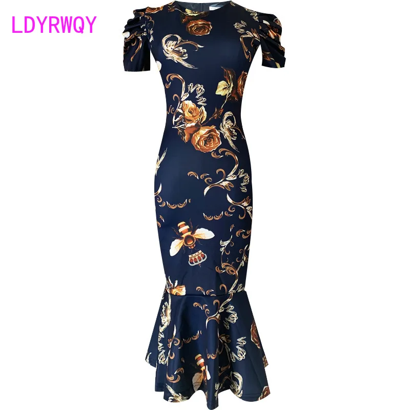 LDYRWQY 2021 new temperament slim short-sleeved round neck bag hip fishtail print dress women Office Lady  Zippers