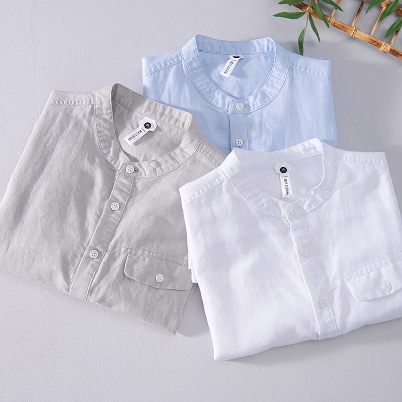 New cotton and linen stand collar blue shirts men trend comfortable shirt for men chemise camisa tops mens clothes