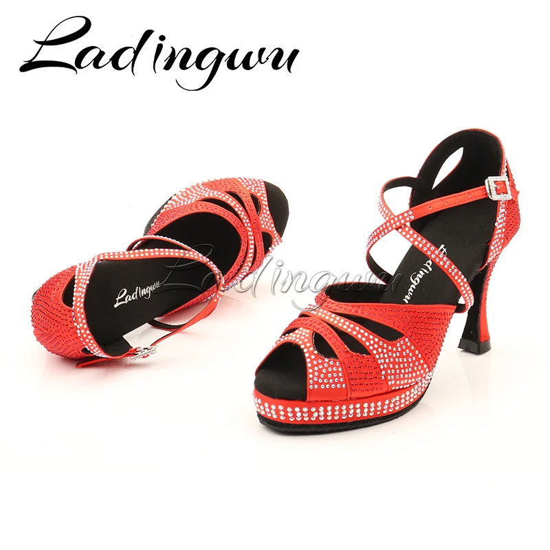 Dance Shoes Latin Women\'s shoes High Platform Glitter Rhinestone And Women Satin Ballroom Dance Sandals Red Satin 6-10cm Heel