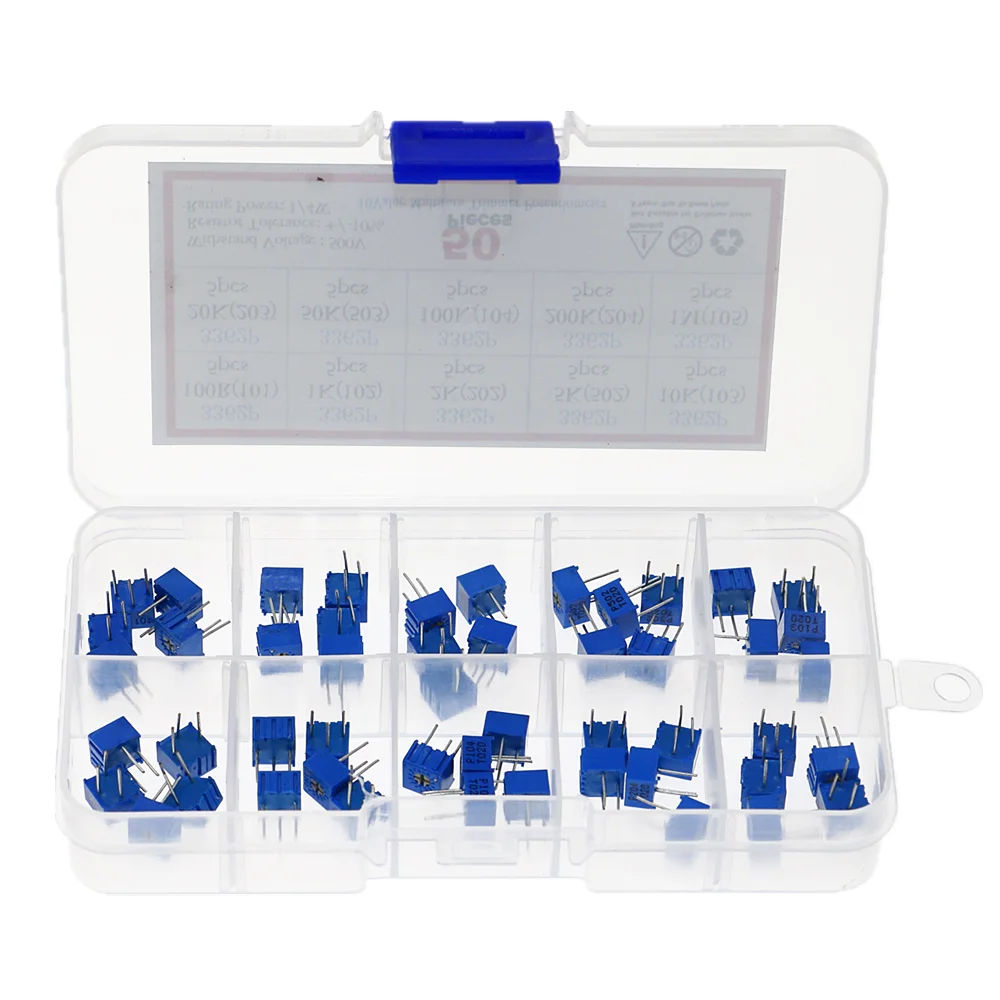 50pcs/lot 100 ohm-1Mohm 3362P potentiometer assorted kit set 10 values variable resistor potentiometer electronic resistors pack