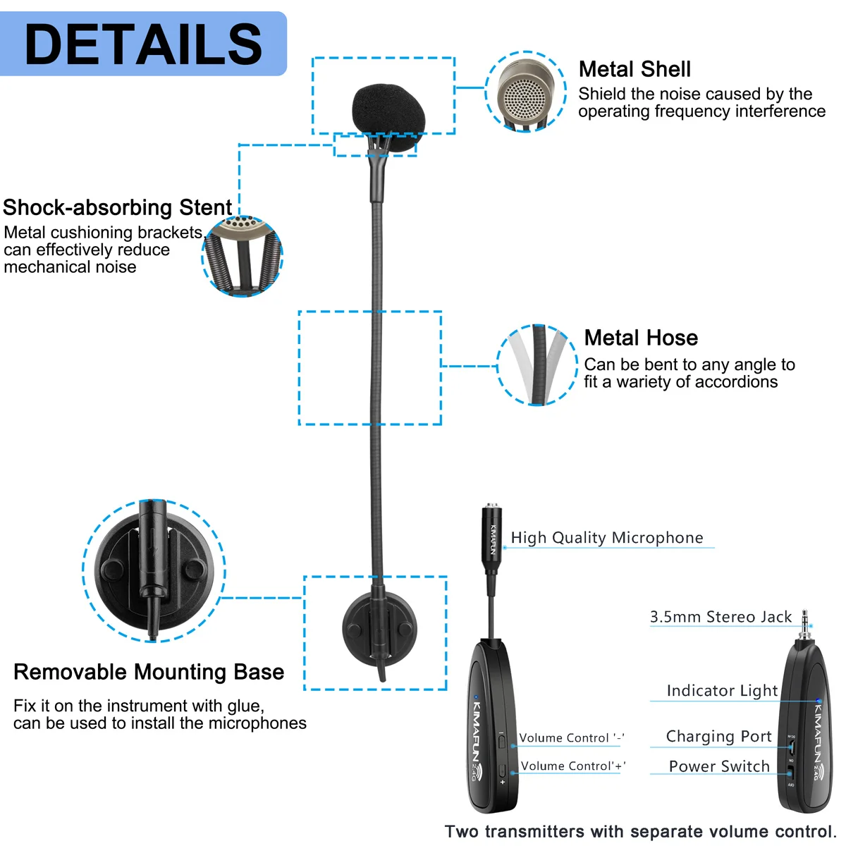 Беспроводной микрофон KIMAFUN 2,4G, двойной микрофон гармошкой, музыкальный инструмент, конденсаторный Высокоточный микрофон для гармошки