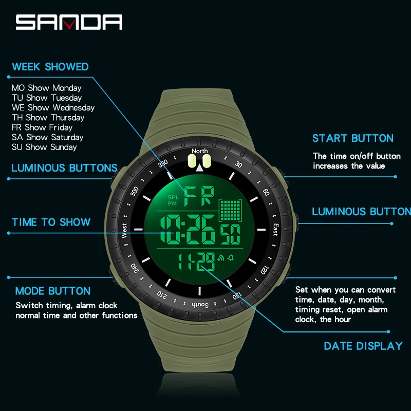 SANDA Brand Mens Watch Military 50M Water resistant Sport watch Countdown LED Digital wrist Stopwatches relogio masculino