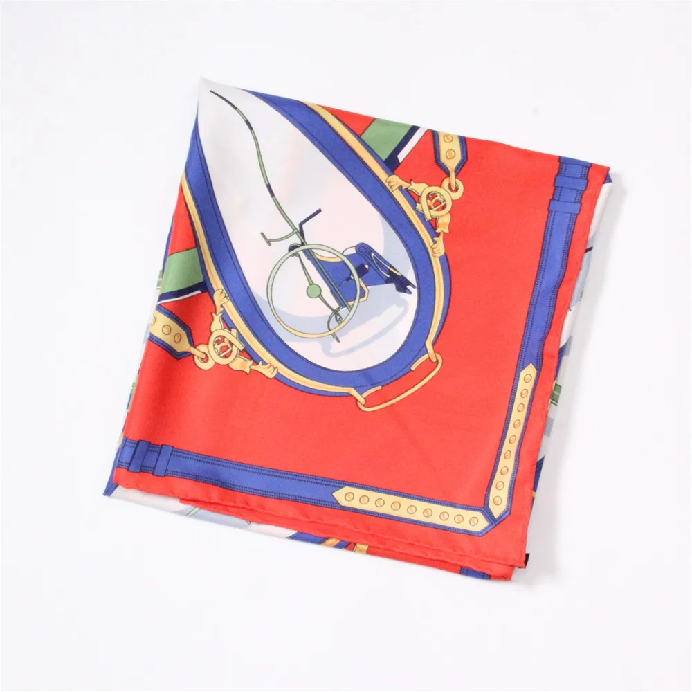 POBING Manual Hand Rolled Twill Silk Scarf Women Wheel Belt Print Square Scarves Echarpes Foulards Femme Wrap Bandana Hijab 90CM