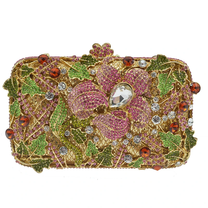 Women Diamond Evening Prom Clutches Green/Pink Flower Leaves Bags Luxury Lady Crystal Handbag Designer Girls Wedding Purses