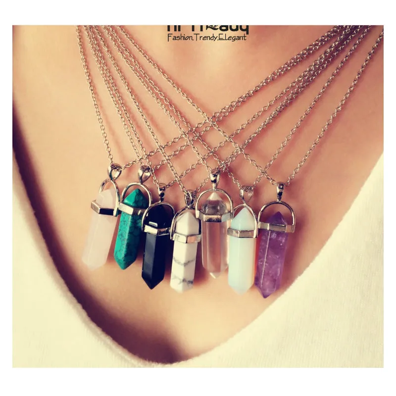 Mix Crystal Natural Stone Pendant Necklaces Opal Volcanic rock Lapis Green Howlite Crystal Hexagonal Column Fashion Jewelry