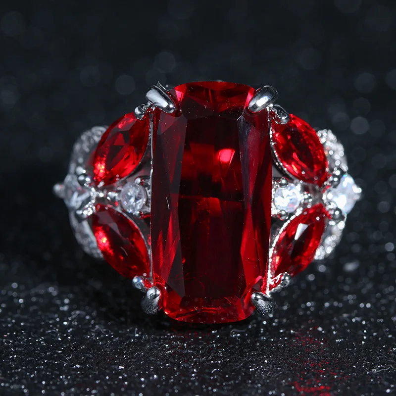 Luxury 6 ct Big Red square Cut Shining AAA Zircon Ring large CZ stones Ring for Women 925 Silver Jewelry Rings Valentines Day