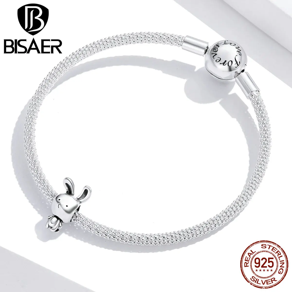 BISAER-Perles de lapin mignon en argent regardé 925, pendentif à breloque petit lapin, convient au bracelet à faire soi-même, collier charmant, cadeau de bijoux, ECC1517