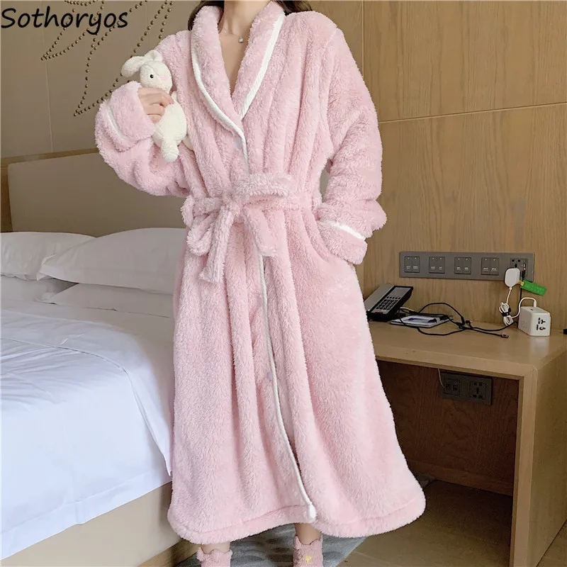 Flannel Robes Women Thick Warm Simple High Quality Bathrobes Female Sashes Sleepwear Patchwork Sweet Kawaii Tender Homewear Ins