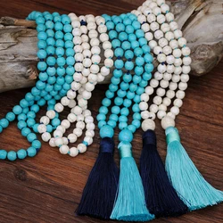 Women Turquoise Necklace Retro Simple Blue White Natural Stone Accessory Handmade Beaded Tassel Sweater Chain