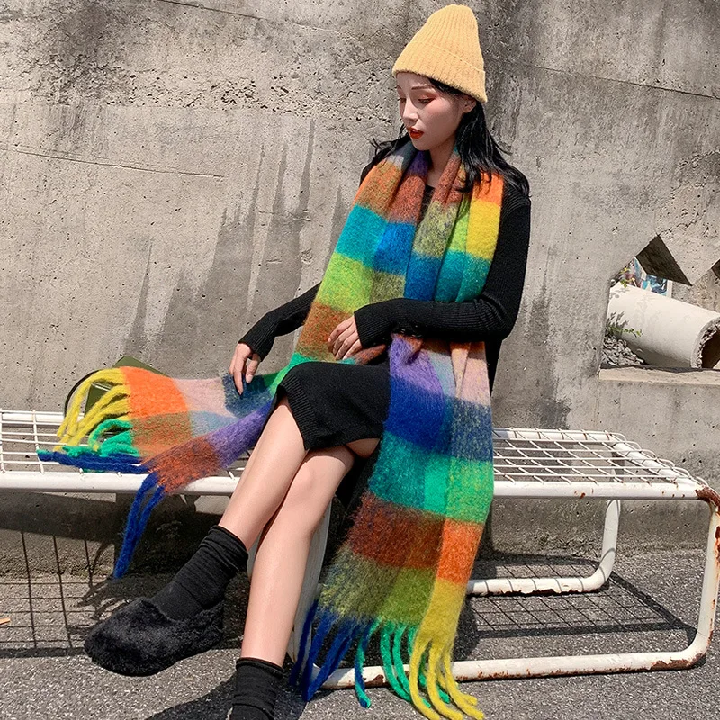 Autumn Scarf Women Korean Warm Rainbow Striped Cashmere Shawl 2020 Winter Female Thickened Warm Super Long Stoles Pashmina Hijab