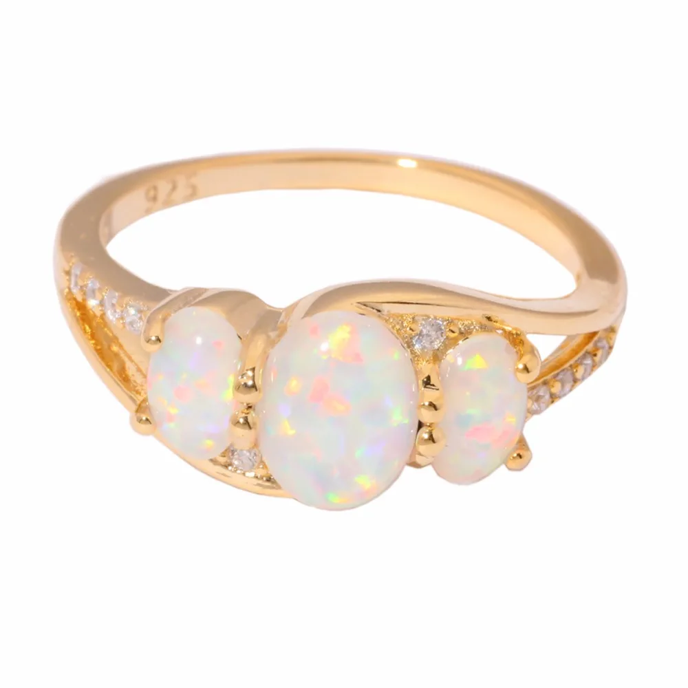 Cinily ホワイトファイヤーオパール充填指輪イエローゴールド色の女性リングオーバル石ボヘミアボヘミアン夏の宝石類のギフト女性