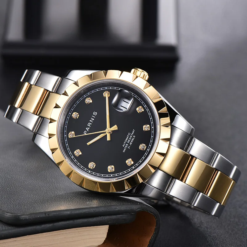 

39.5mm Parnis Men's Wristwatch Black Dial Sapphire Glass Date Display Miyota 8215 Automatic Movement 316L Bracelet Two Tone