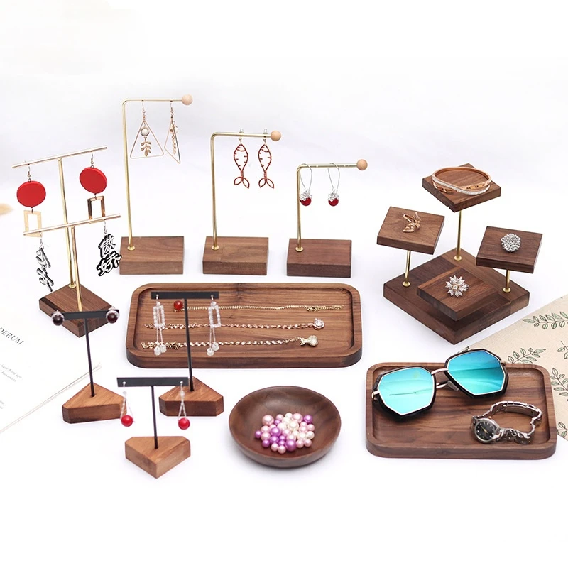 Walnut Jewelry Display Stand, Four-Layer Rotatable Earring Tray Earrings Rings Bracelets Pendant Display Stand