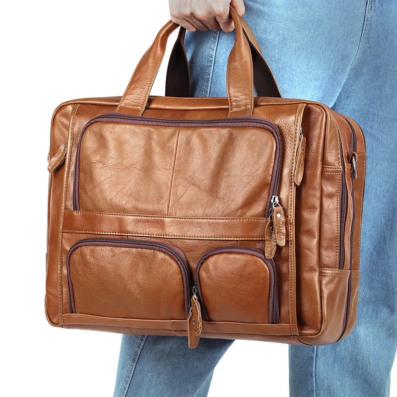 Laptop Bag Genuine Leather Men Briefcase 15.6 17 inch Business Tote Vintage Male Big Shoulder Bag Travel Duffel Huawei Air Pro