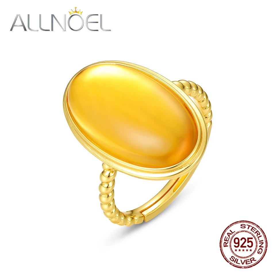 ALLNOEL 925 Sterling Silver Adjustable Open Rings For Women 10*18mm Oval Synthetic Citrine Yellow Gems Gold Plating Chic Jewelry