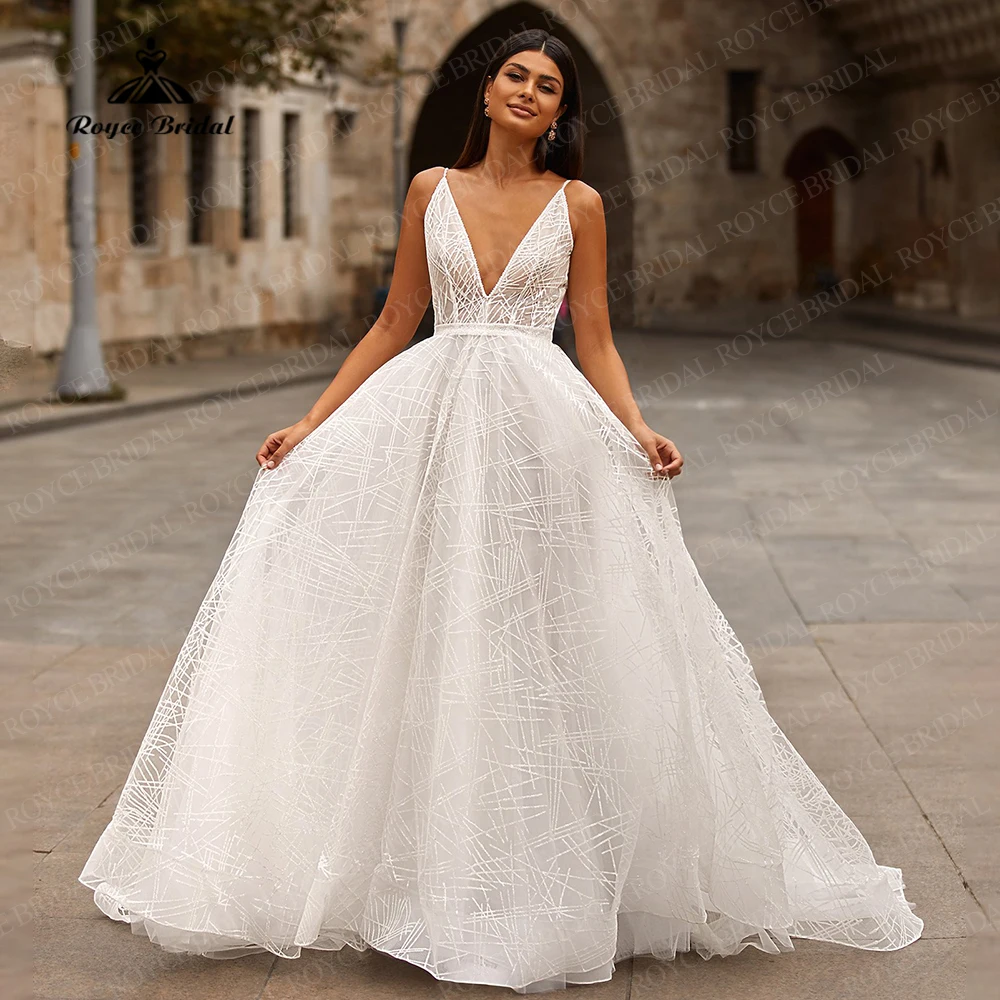 Sexy profundo decote em v giltter vestido de casamento sem costas moderno laço-up voltar boho a linha vestidos de noiva robe de mariee princesse