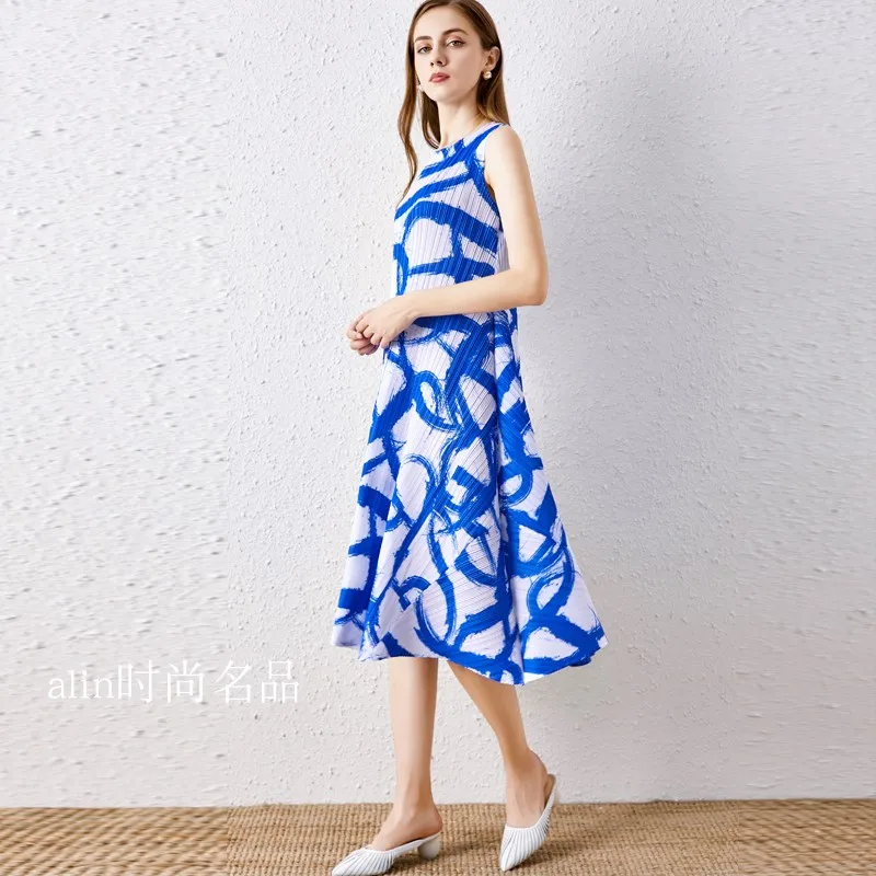 

miyake pleated print long dress summer 2021 2020 loose sleeveless new style temperament casual big swing dress