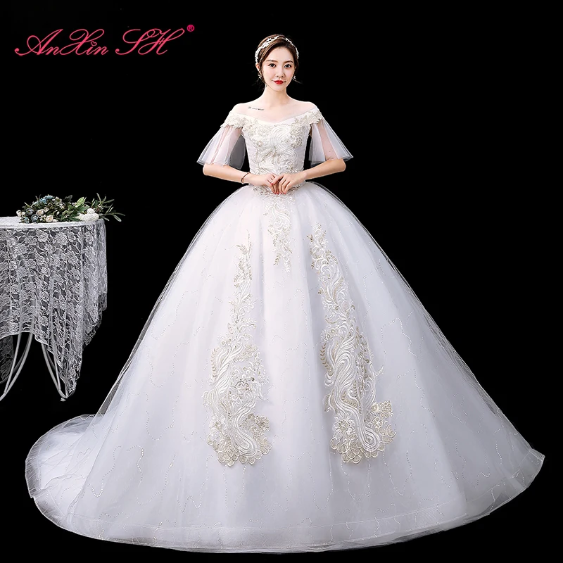 AnXin SH princess flower lace white party vintage o neck ruffles sleeve beading bride white sparkly customized wedding dress