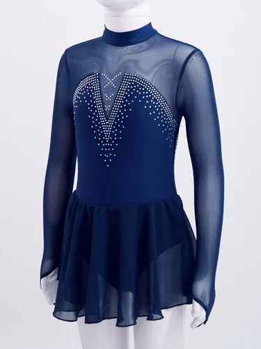 Imagen 2 del producto MSemis, vestido de patinaje artístico con diamantes de imitación brillantes para niñas, vestido de leotardo de gimnasia y bailarina con abertura en la espalda y empalme de tul