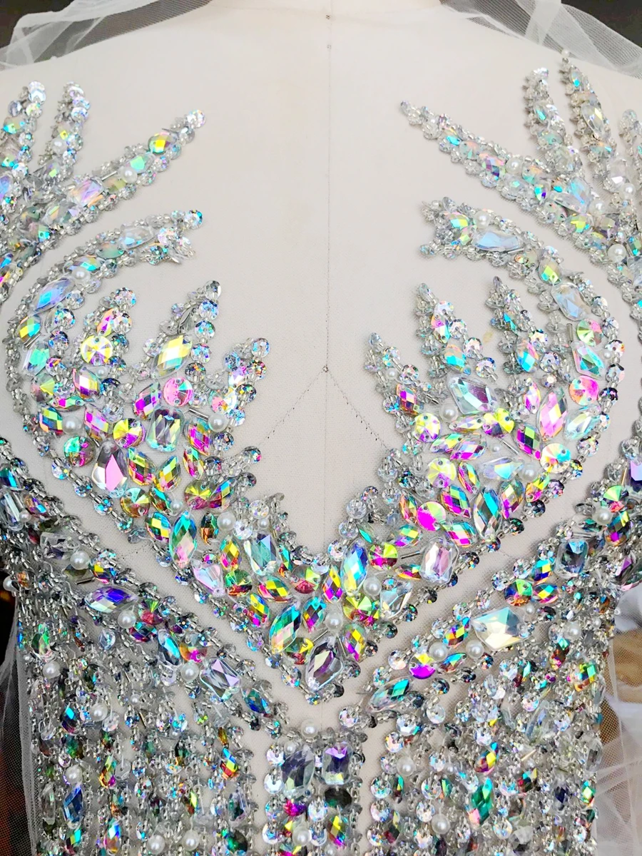 Sew on clear ABcolour rhinestones sequins beads patches crystal applique on mesh accessory for dress clothes