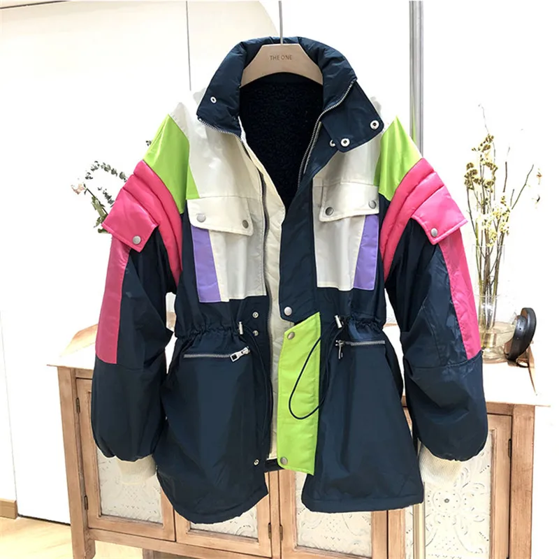 Fashion Patchwork Jacket Women Loose Windbreaker Thick Warm Lambswool Jackets Female Winter Coat Zipper Pocket Casual Outerwear